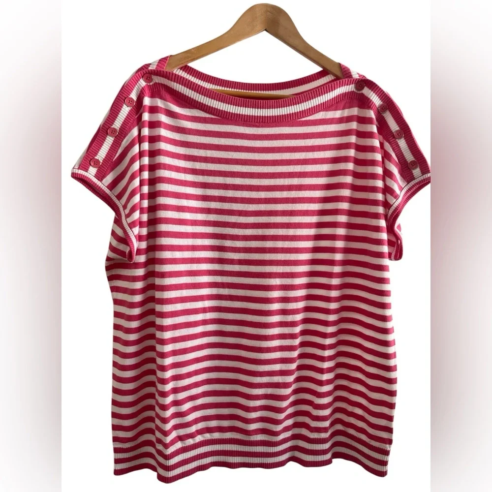 Talbots Pink and White Striped Boatneck Sweater Top - Picture 2 of 9
